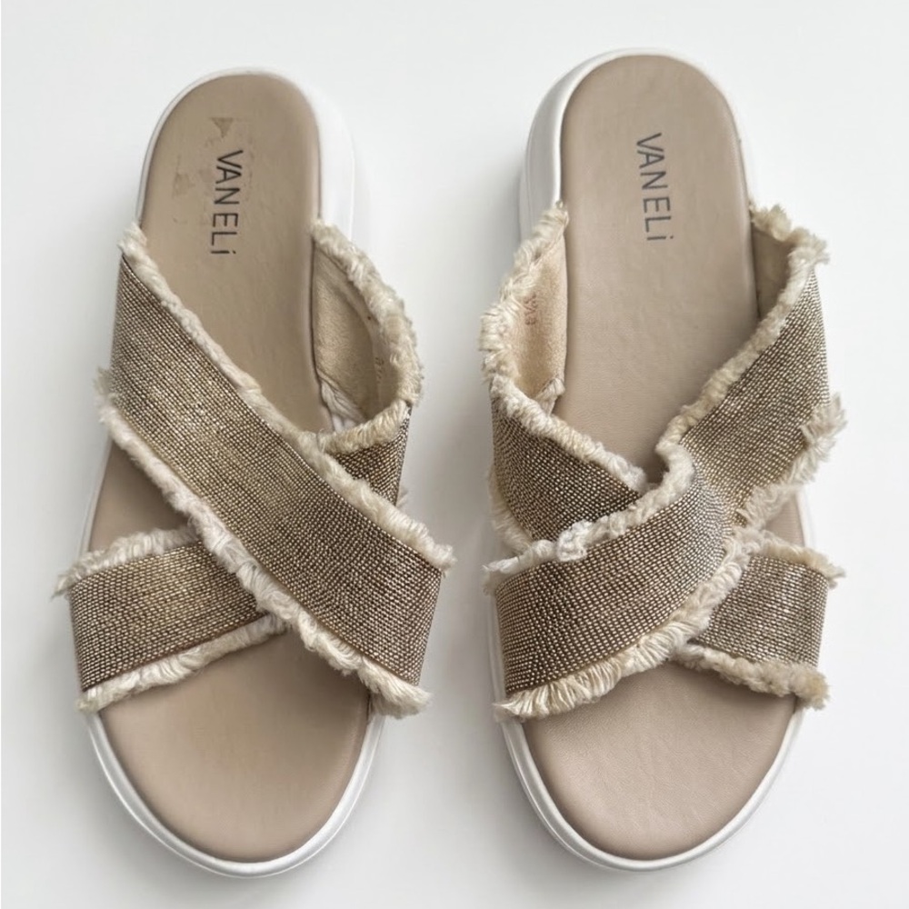 VANELi Nessie Metallic Gold Frayed Cross Strap Platform Slide Sandals - 8.5